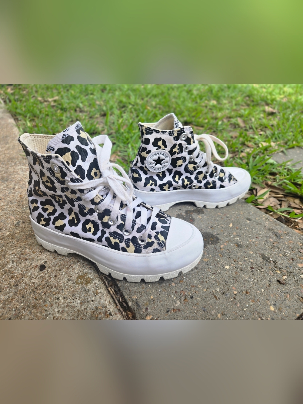 Converse High Top Sneakers - Black, White & Tan Leopard Print SIZE 5